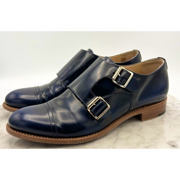 The Office Of ANGELA SCOTT French Navy Blue Leather Monkstrap Shoes 38 Mr. Colin - Picture 3 of 10